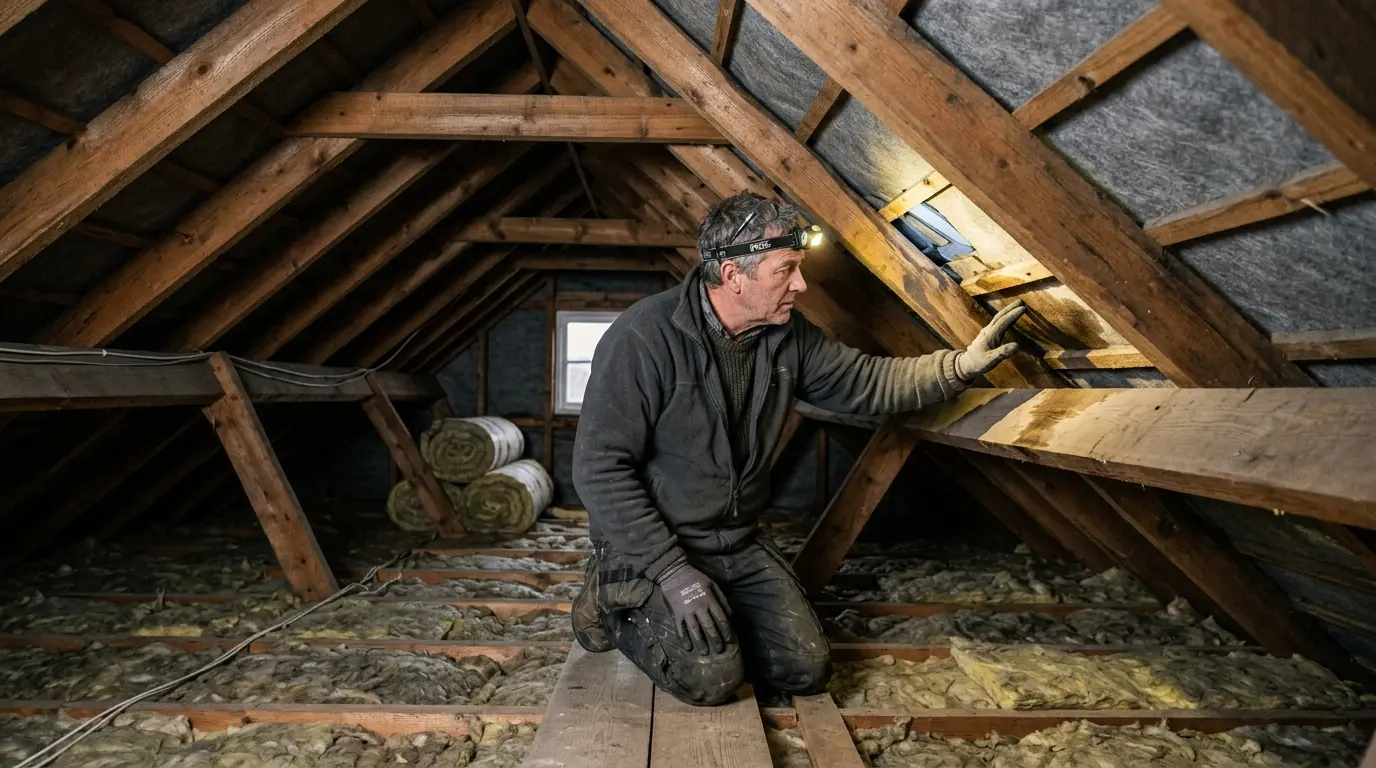 Roofer with a head torch inspecting water staining on roof timbers in an attic