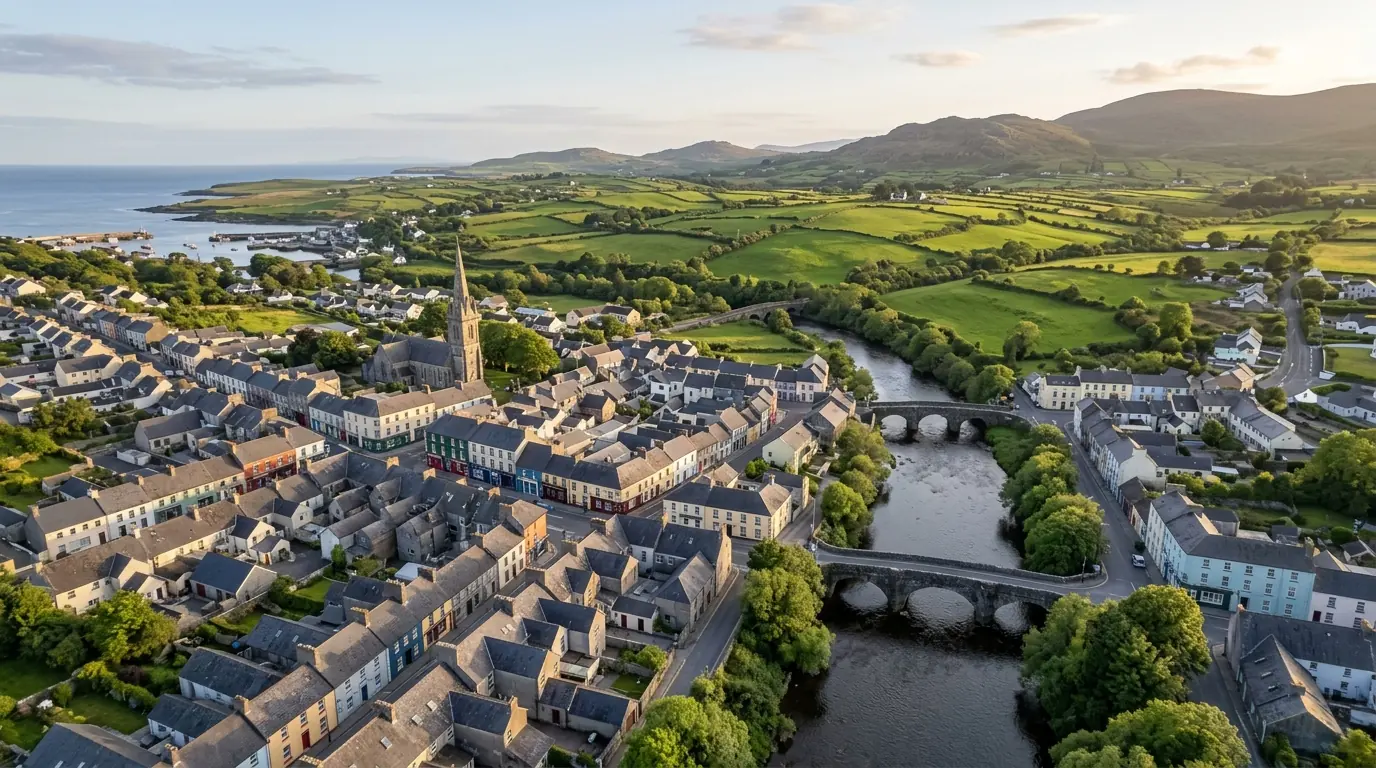 Aerial view of a Clare town with slate rooftops, a church spire and a river