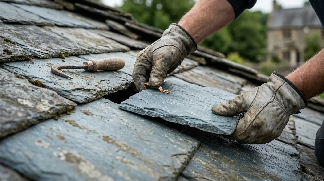 Gloved hands fitting a replacement natural slate with a copper clip