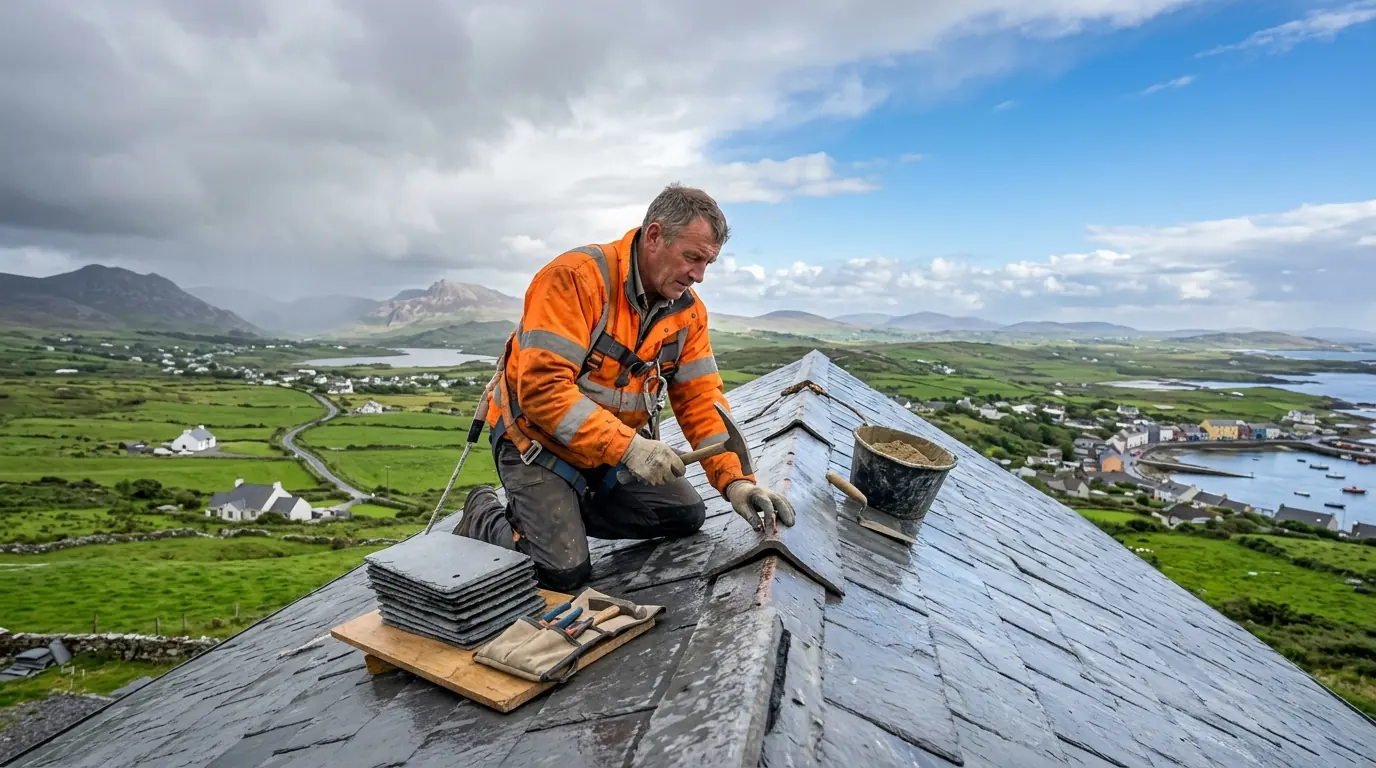 Roofer re-fixing ridge tiles on a slate roof after a storm, with west of Ireland countryside behind